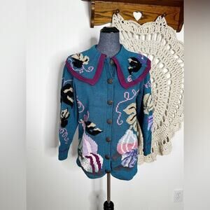 Berek Hand Knit Teal Blue Cornucopia Holiday Cardigan Sweater Small